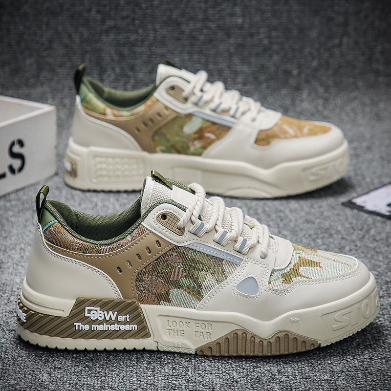 Men's high top sneakers in white and camouflage pattern with non-slip rubber sole and breathable microfiber upper