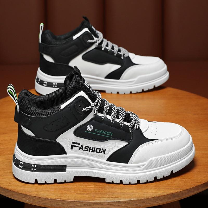 Spring men's new breathable black and white high top sports shoes with thick soles for casual wear