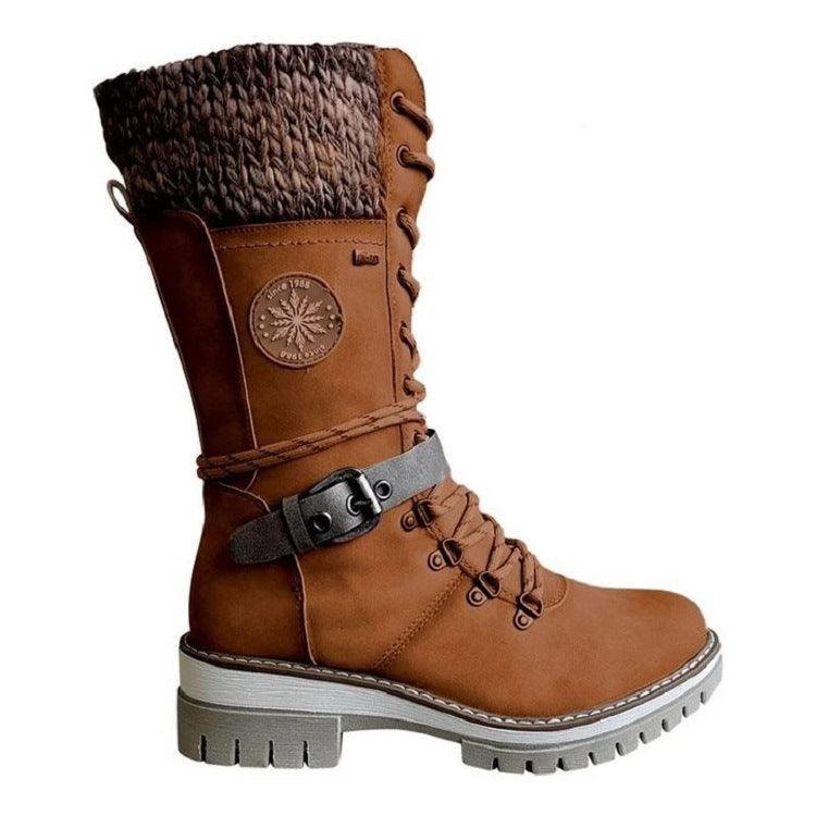 Brown winter high square heel Martin boot with round toe, knitted cuff, lace-up front, and buckle strap detail