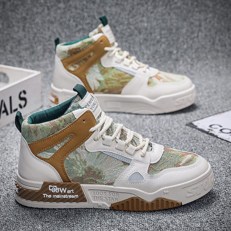 Men's high top sneakers in white and light brown microfiber with breathable, wear-resistant design and non-slip rubber platform sole