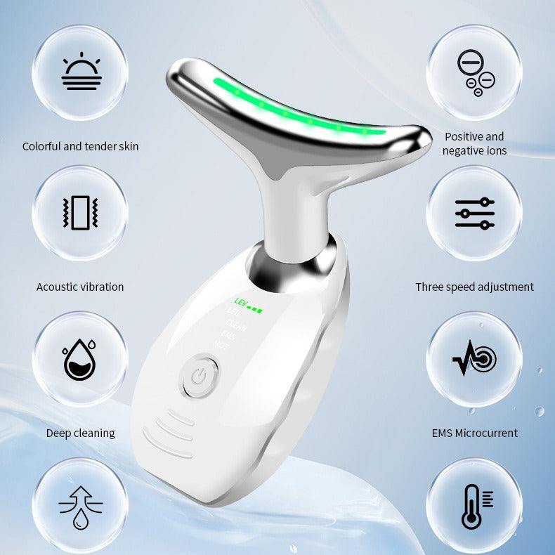 Beauty neck instrument for skin tightening and neck line lifting with EMS microcurrent and acoustic vibration features