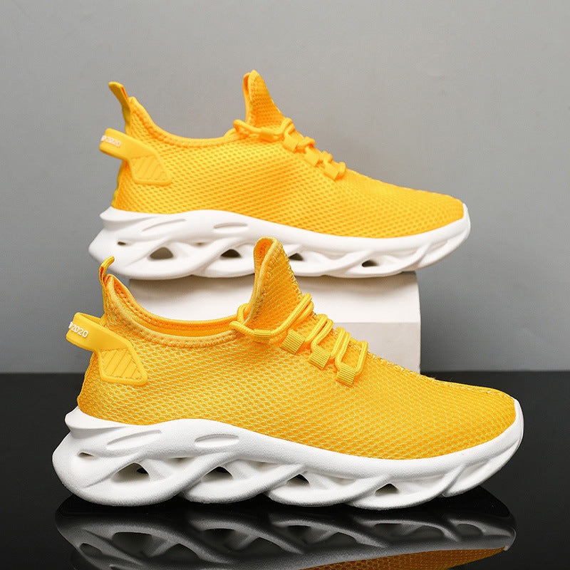 Men's yellow breathable lightweight sports shoes with white twist soles, size 48, Jinjiang cold glue sneakers