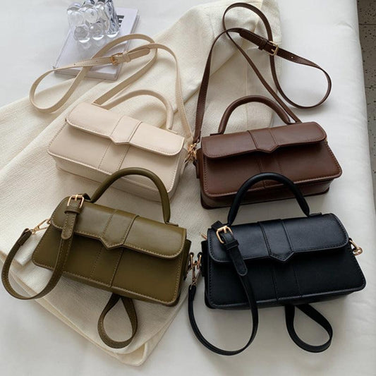 Set of four retro-style small square crossbody shoulder bags for women in beige, brown, olive green, and black with adjustable straps.