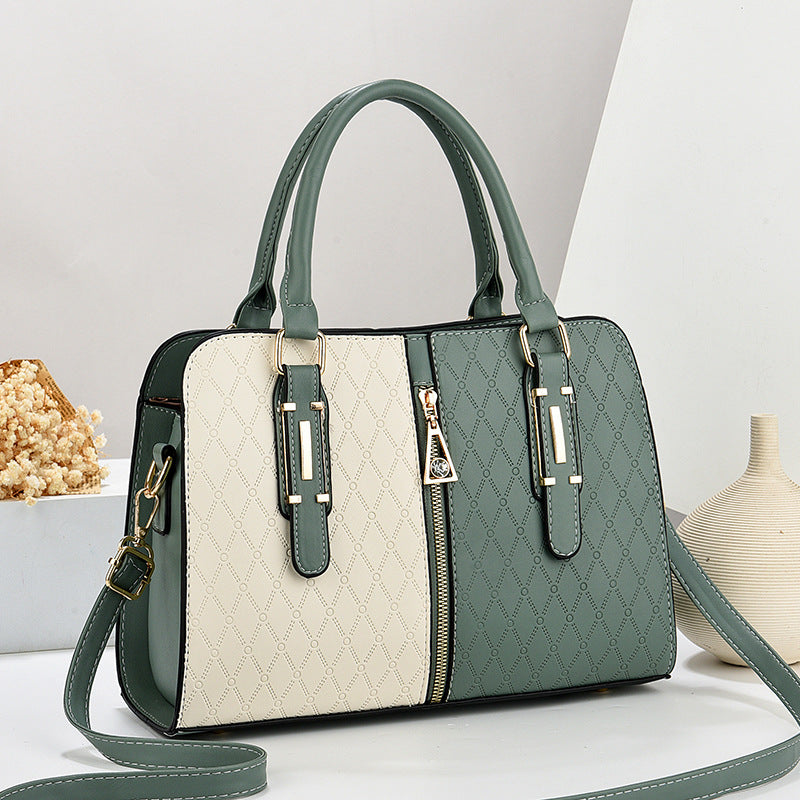 Large Fashion Color Matching Ladies Handbag in green and beige with zipper and embossed pattern, European and American style, spacious and versatile design