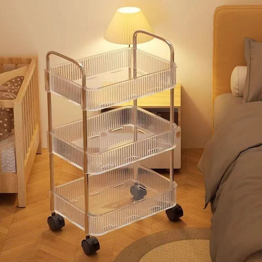 Transparent Storage Rack trolley with three acrylic shelves, rolling wheels, and hanging basket for bathroom or bedroom organization