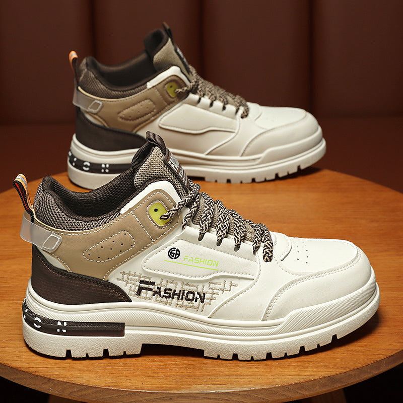 Spring men's new breathable white high top shoes with thick sole, trendy and versatile sports and leisure design