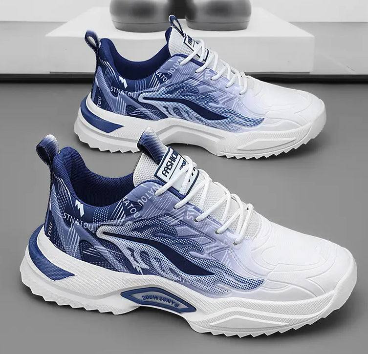 Plus size fashion casual sneaker in white and blue mesh with front lace-up and flat PVC sole
