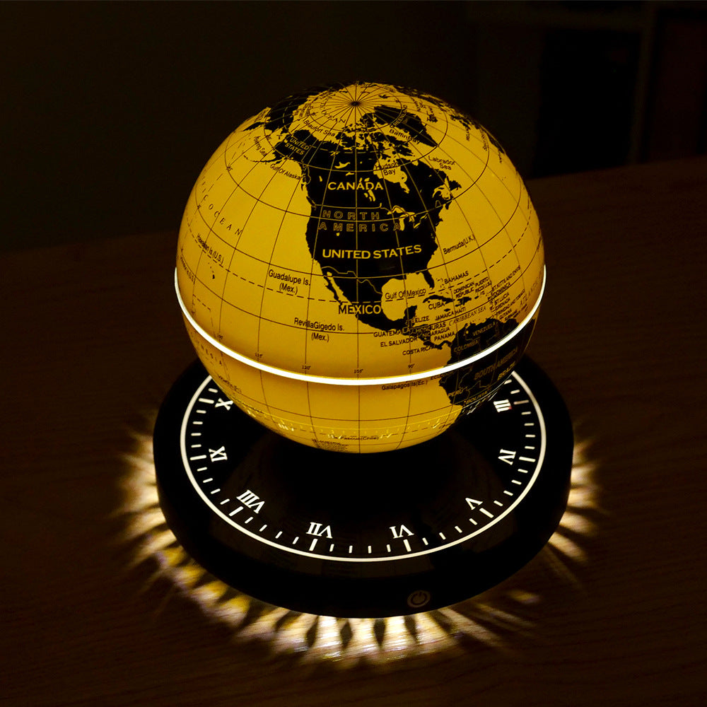 Magnetic levitation globe night light with rotating 3D design and touch switch on black base with illuminated clock markings