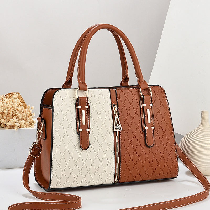 Fashion Color Matching Ladies Handbag large capacity brown and cream embossed design with zipper closure and versatile straps