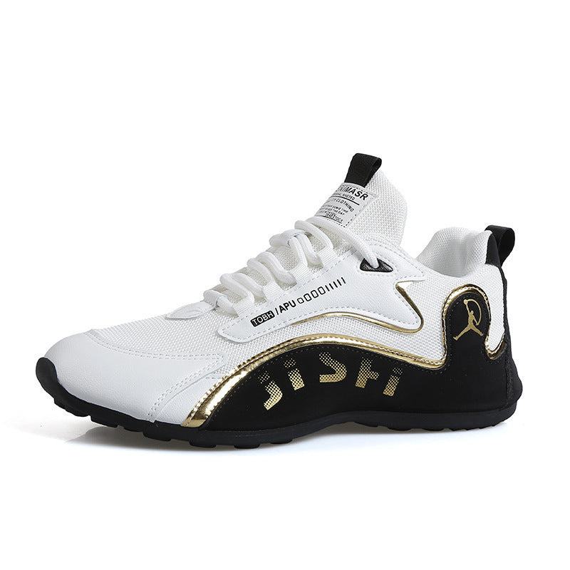 Fashion Colorblock Lace-up Sneakers for men with breathable mesh lining, artificial PU upper, EVA insole, and non-slip plastic sole in white, black, and gold accents.