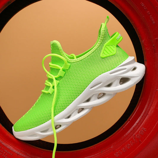 Lightweight breathable men's sports shoe with twisted sole and bright green mesh upper, size 48.