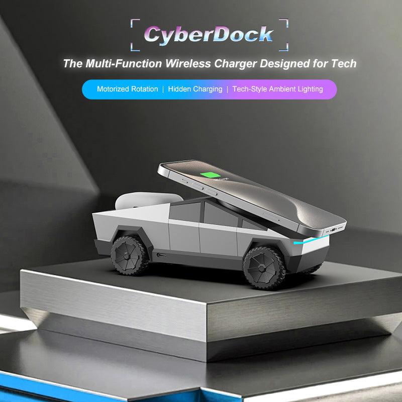 Mech style fully automatic rotating wireless charger with motorized rotation and tech-style ambient lighting