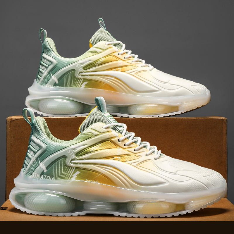 Plus size fashion casual sneakers with white, green, and yellow gradient mesh upper, flat PVC sole, and lace-up design.