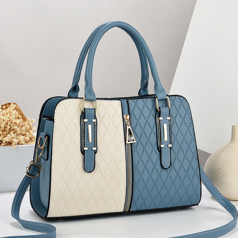 Fashion Color Matching Ladies Handbag in blue and beige with large capacity and embossed pattern, featuring shoulder and crossbody straps.