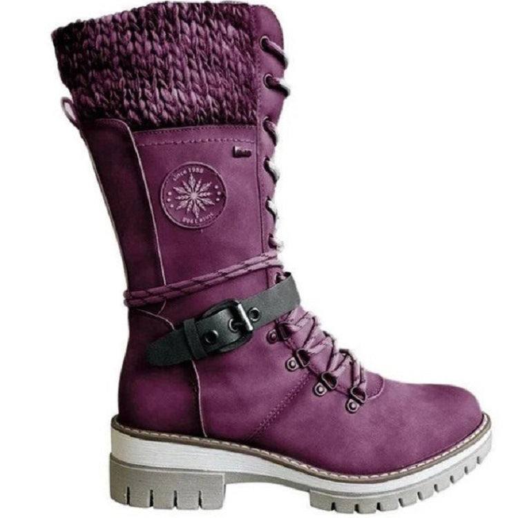 Purple winter high square heel martin boot with round toe, lace-up front, knitted cuff, and decorative buckle strap, plus size option