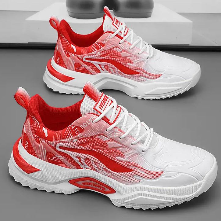 Plus size fashion casual sneakers in white and red with mesh upper and flat PVC sole
