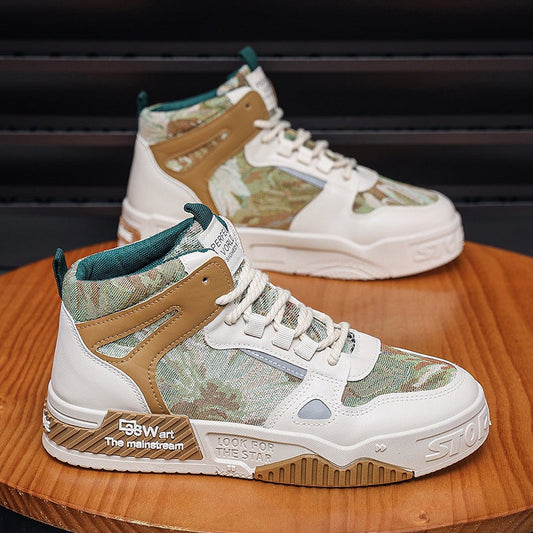 Men's high top sneakers in white, light brown, and green with platform sole and breathable microfiber upper