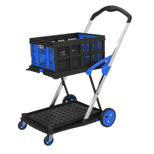 Folding turnover storage basket on blue and black wheeled cart for fruits and vegetables transport
