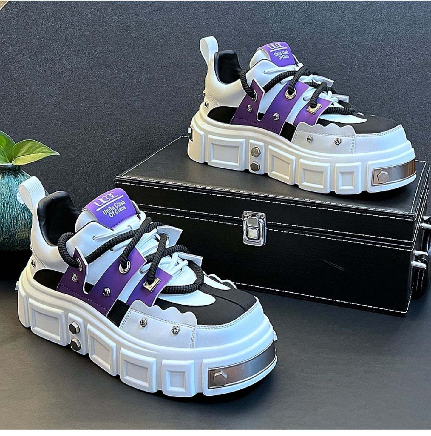 Rivet niche height increasing platform derby shoes in white and purple with thick sole and rivet details