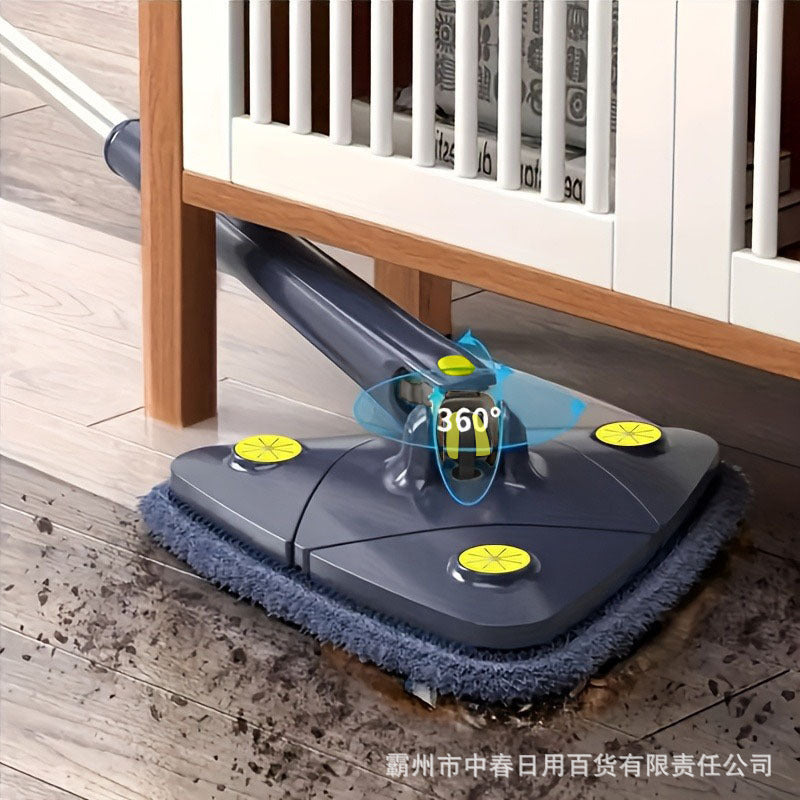 Hand-free triangular mop with 360-degree swivel head cleaning under furniture on wooden floor