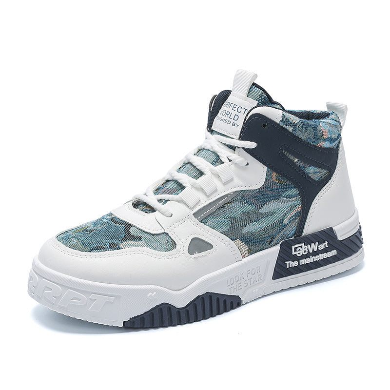Men's high top sneakers in white and blue with breathable microfiber upper, round toe, platform heel, and non-slip rubber sole.