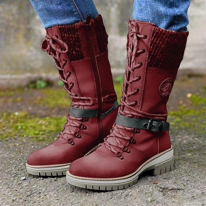 Plus size women's winter high square heel maroon martin boots with round toe and lace-up design