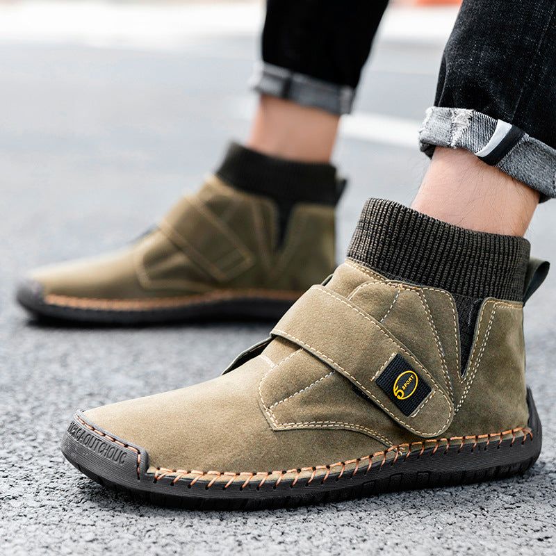 Men's Velcro ankle boots winter sock trainers with rubber sole and artificial PU upper in khaki color