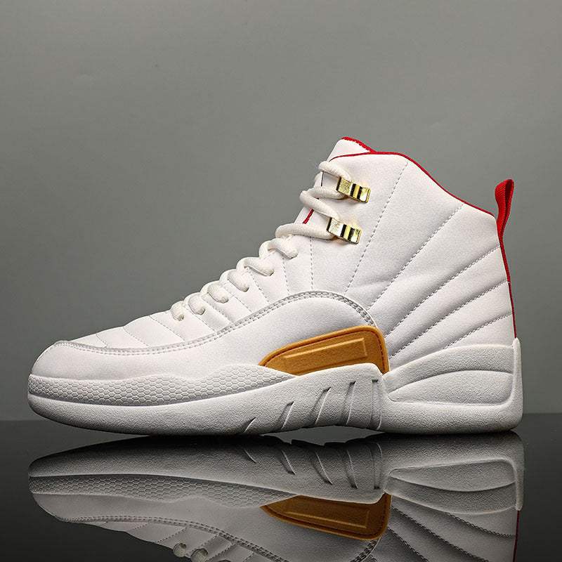 High quality white and red high-top basketball shoes with gold eyelets and textured sole