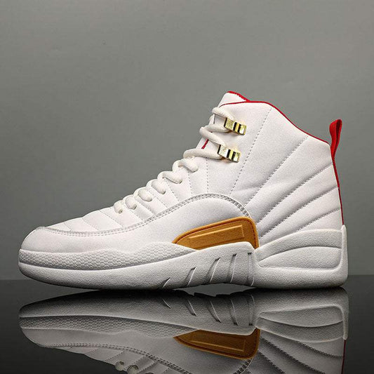 High quality white and red high-top basketball shoes with gold eyelets and textured sole