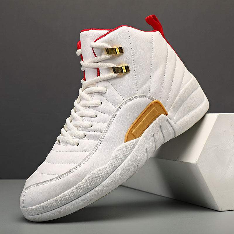 White and red high top basketball shoes with gold eyelets and textured sole for outdoor sports