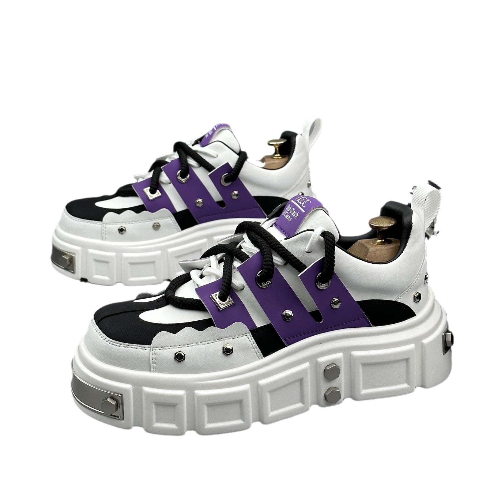 White and purple Rivet Niche Height increasing derby shoes with thick platform sole and rivet details