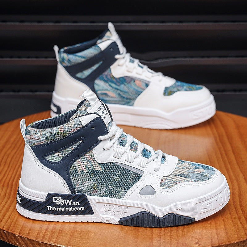 Men's high top sneakers in white and blue with rubber sole, breathable microfiber upper, round toe, and platform heel, size 39-44.
