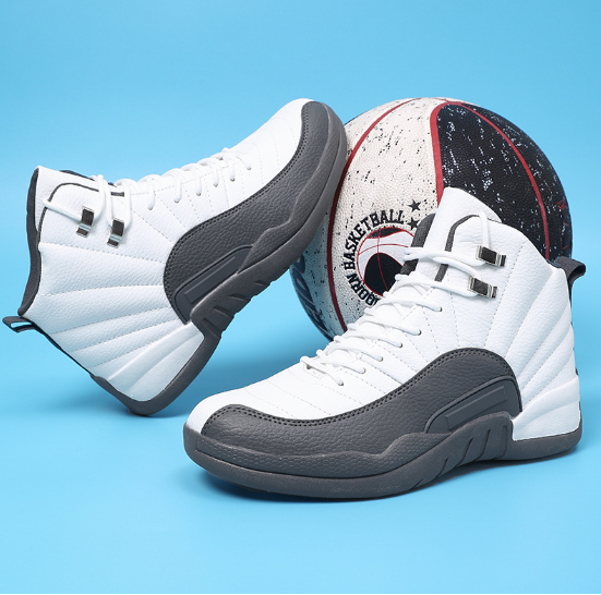 High quality white and gray high top basketball shoes with anti-slip sole and basketball on blue background