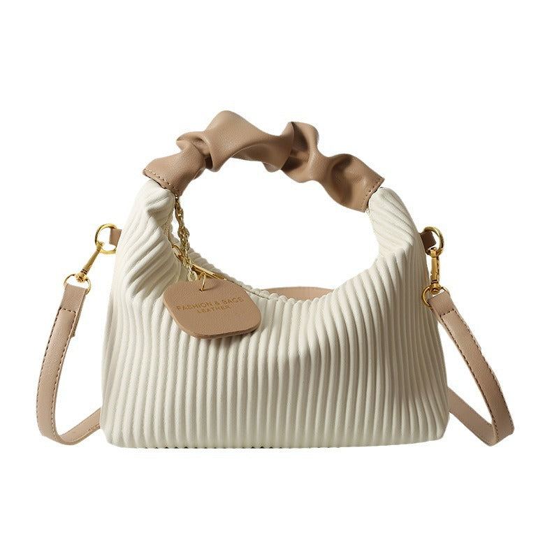 Elegant women fashion crossbody bag in pleated white PU leather with beige adjustable shoulder strap and ruched handle design