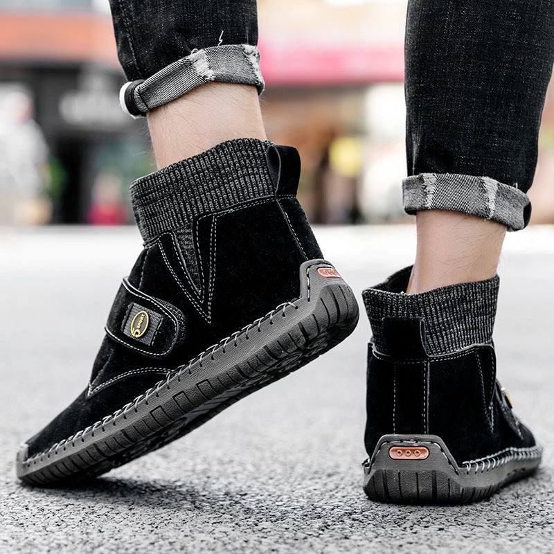 Black men's velcro ankle boots with knit sock design and rubber sole, winter casual shoes